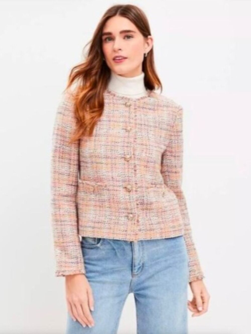 LOFT Bouclé Tweed Jacket | Pink Plaid Fringe Blazer | NWT | Size Large